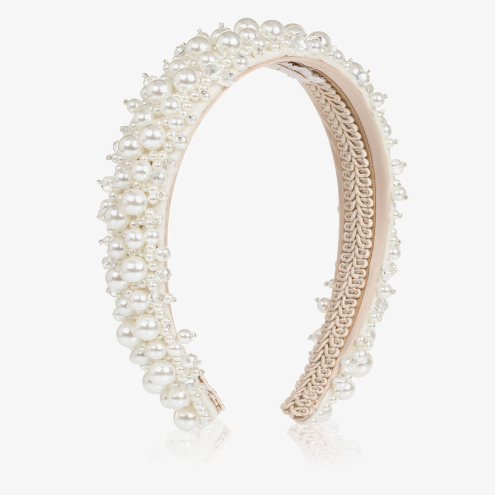 Junona-Girls Ivory Hairband with Beads & Pearls | Childrensalon