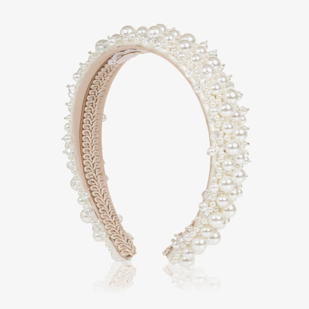 Junona-Girls Ivory Hairband with Beads & Pearls | Childrensalon