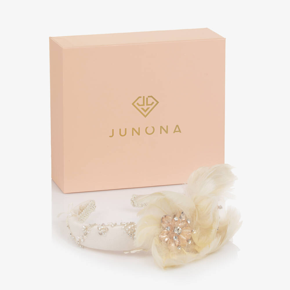 Junona-Girls Ivory Hairband with Feather Flowers | Childrensalon