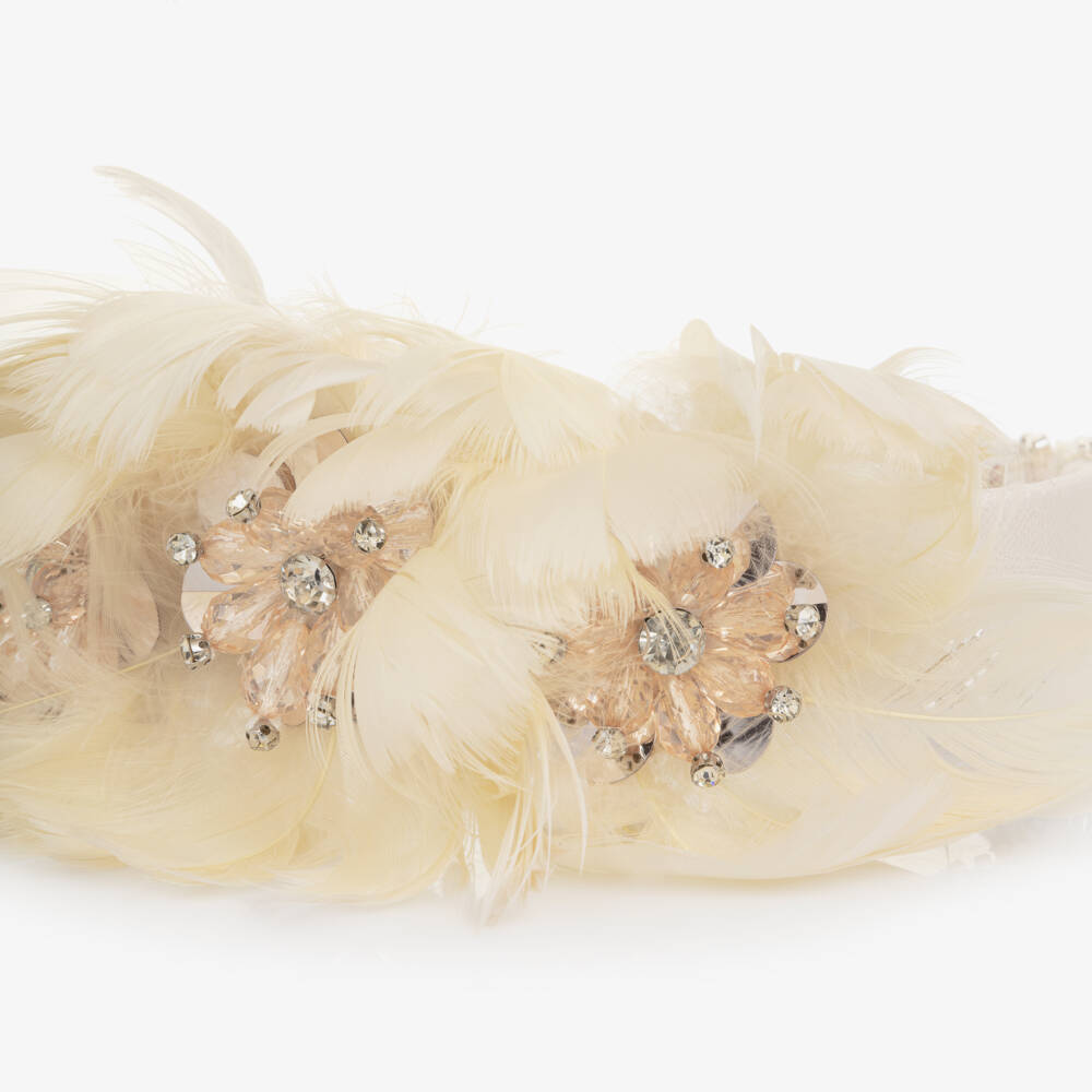 Junona-Girls Ivory Hairband with Feather Flowers | Childrensalon