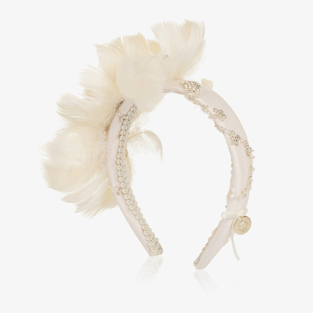 Junona-Girls Ivory Hairband with Feather Flowers | Childrensalon