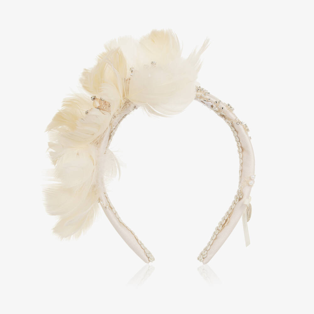 Junona-Girls Ivory Hairband with Feather Flowers | Childrensalon