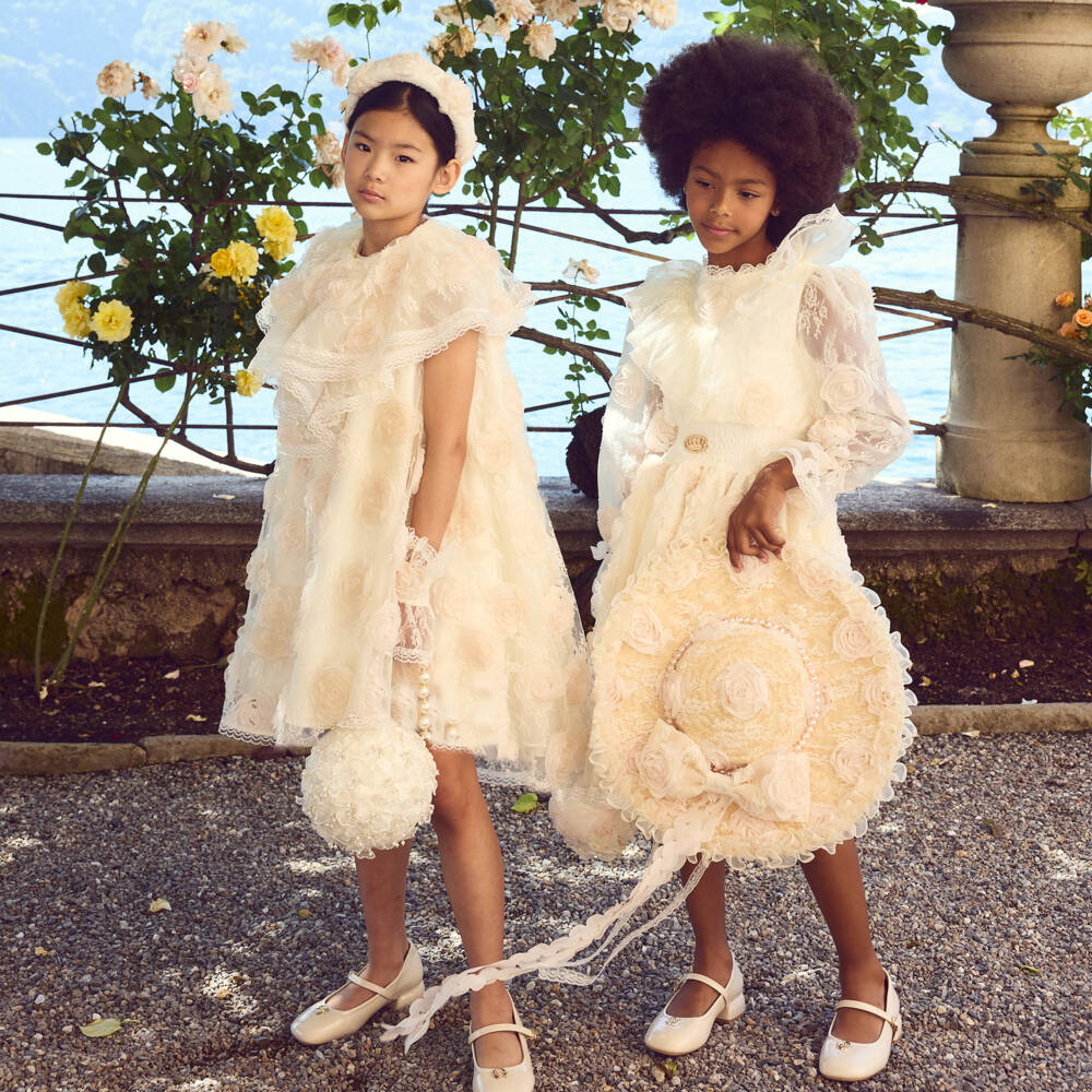 Junona-Girls Ivory Lace & Flower Dress with Tiered Collar | Childrensalon