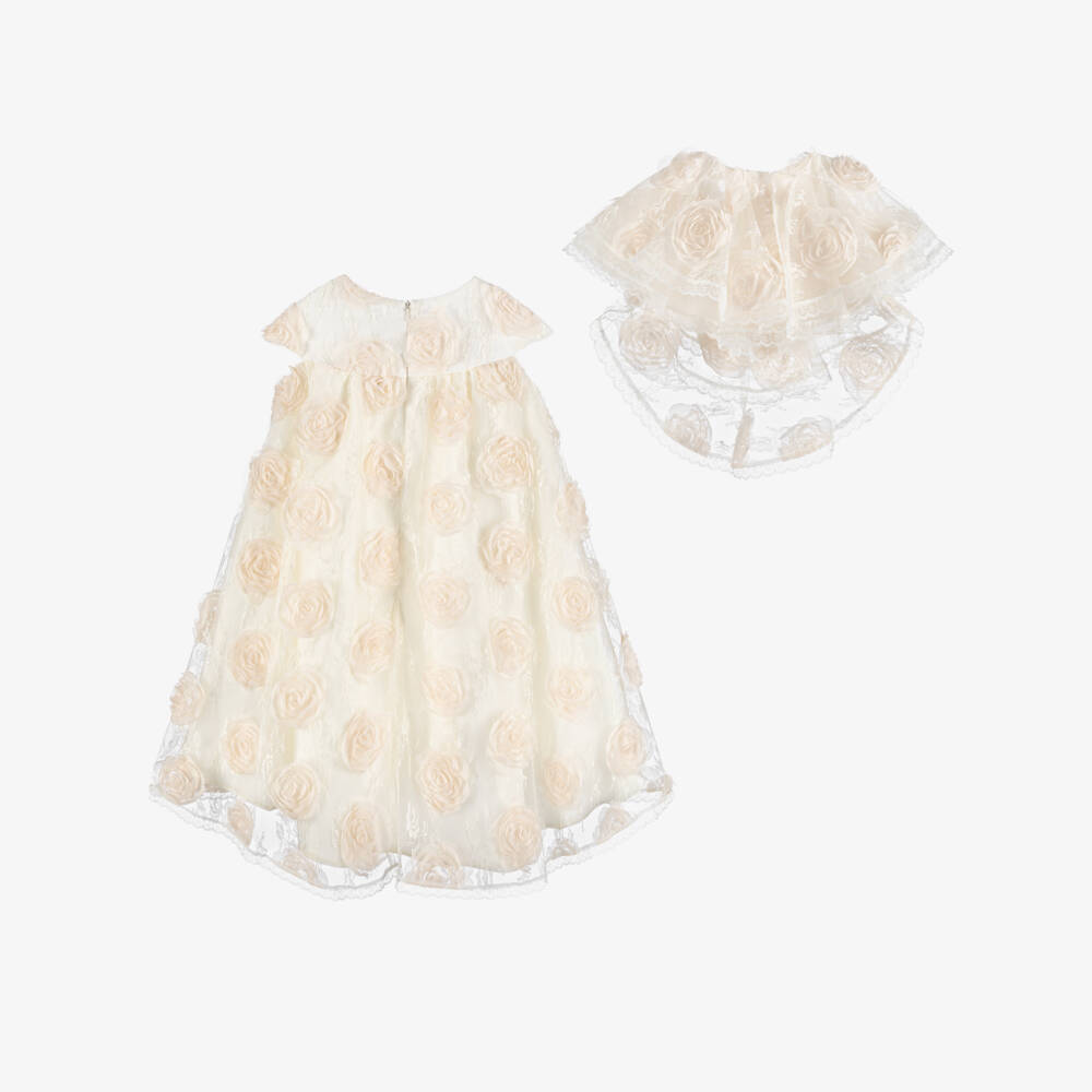 Junona-Girls Ivory Lace & Flower Dress with Tiered Collar | Childrensalon