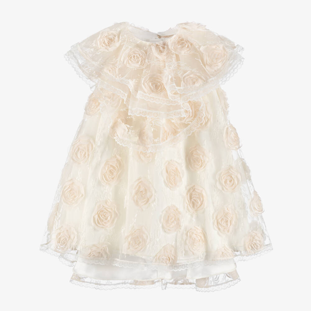 Junona-Girls Ivory Lace & Flower Dress with Tiered Collar | Childrensalon