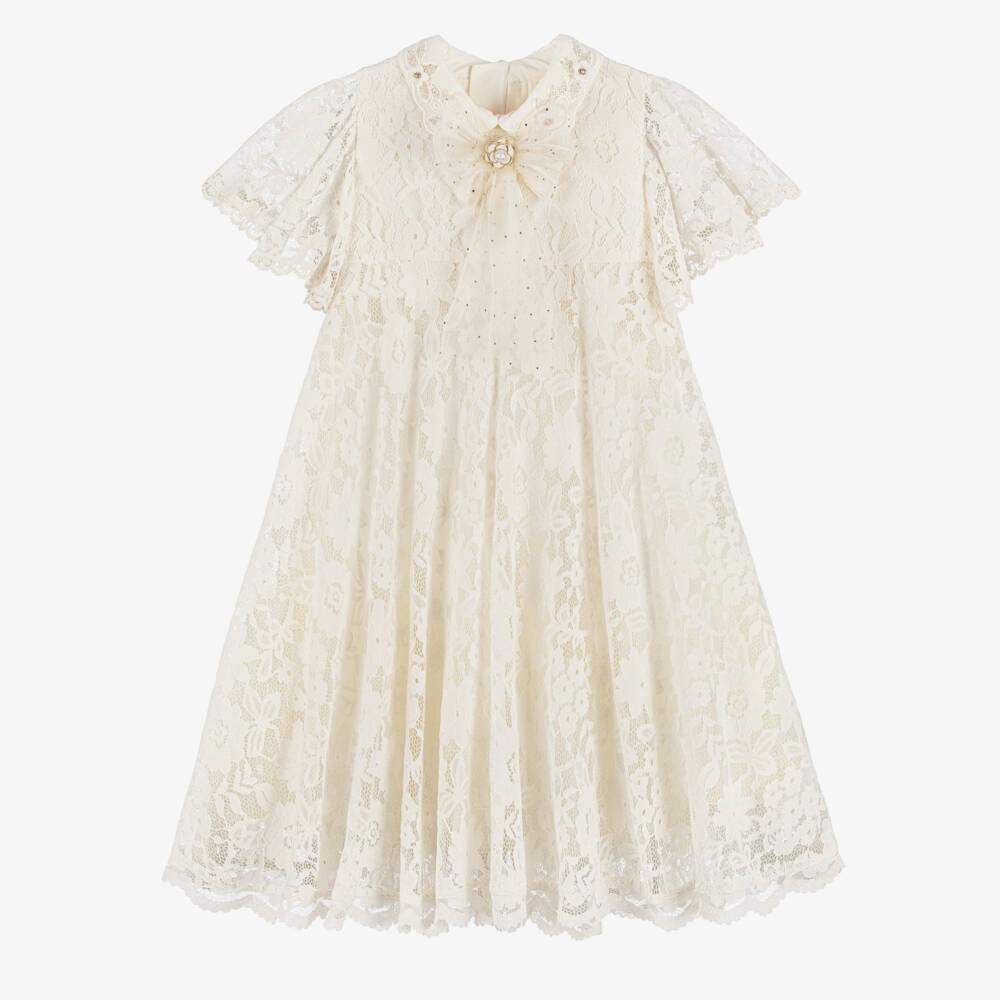 Junona-Girls Ivory Lace Flutter Sleeved Dress | Childrensalon