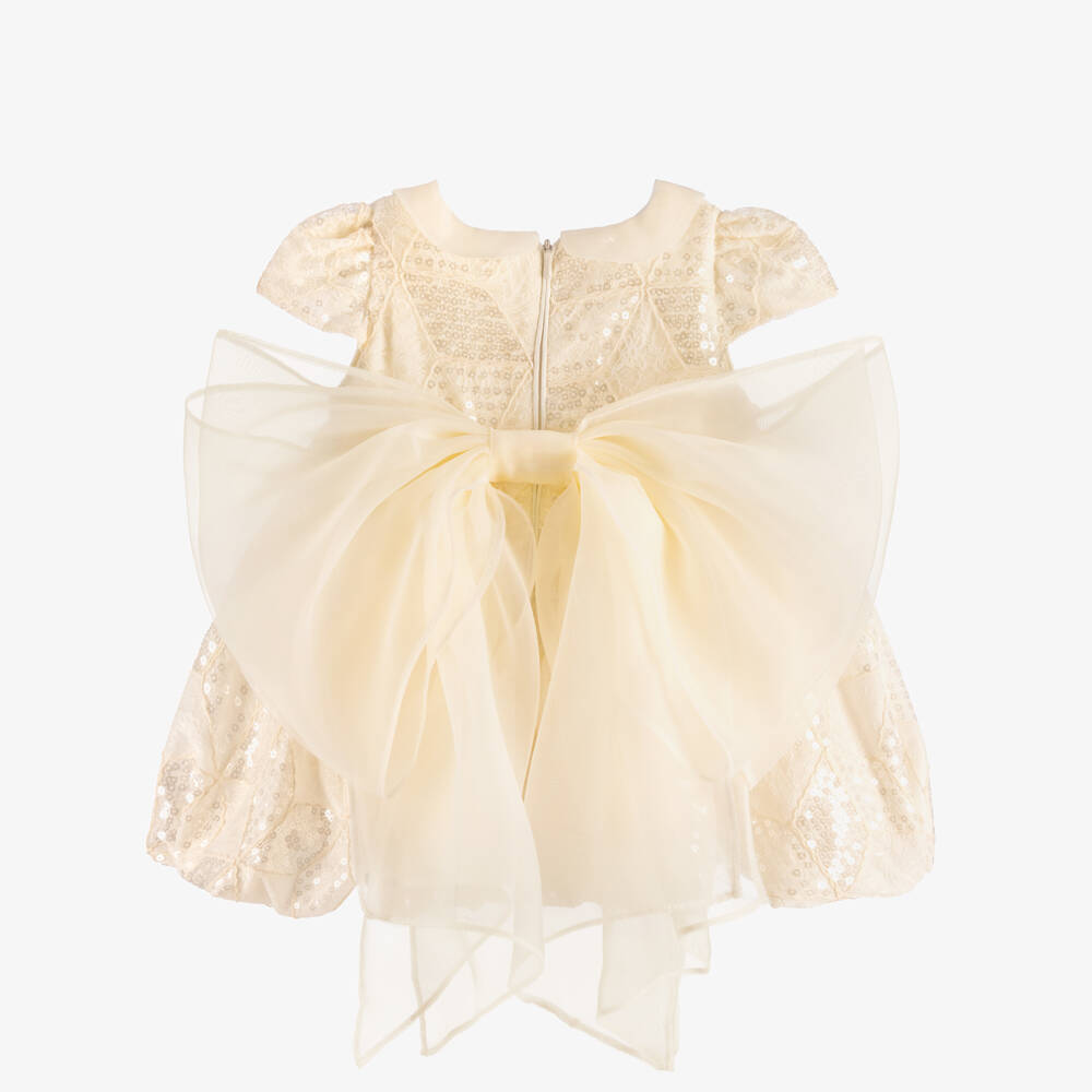 Junona-Girls Ivory Lace & Sequin Dress with Organza Bow | Childrensalon