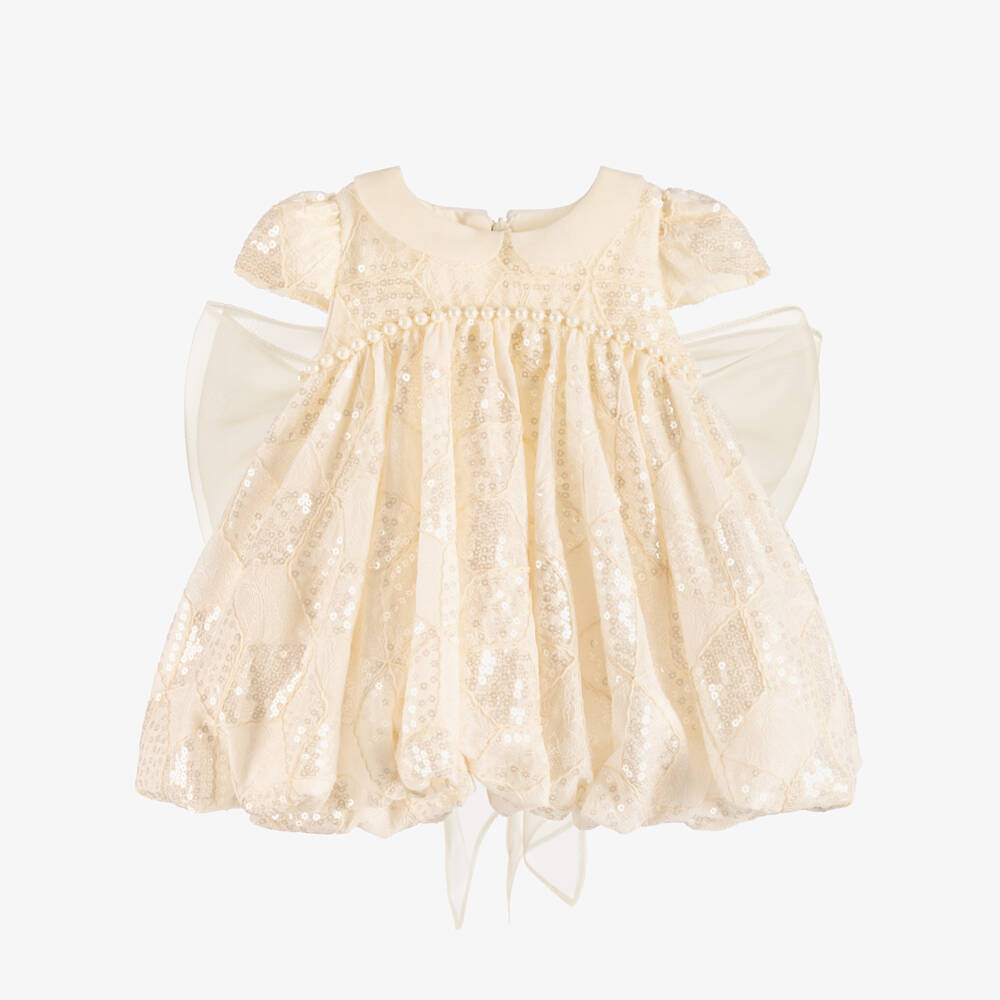 Junona-Girls Ivory Lace & Sequin Dress with Organza Bow | Childrensalon