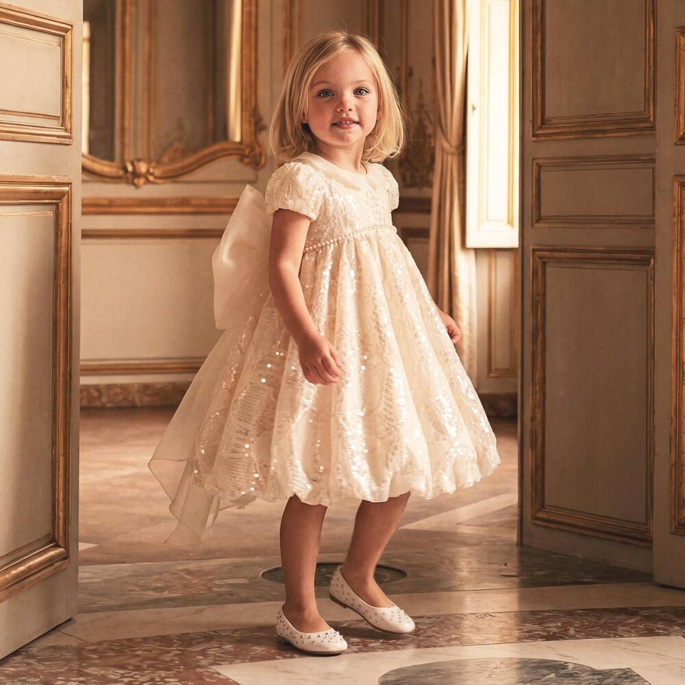 Junona-Girls Ivory Lace & Sequin Dress with Organza Bow | Childrensalon