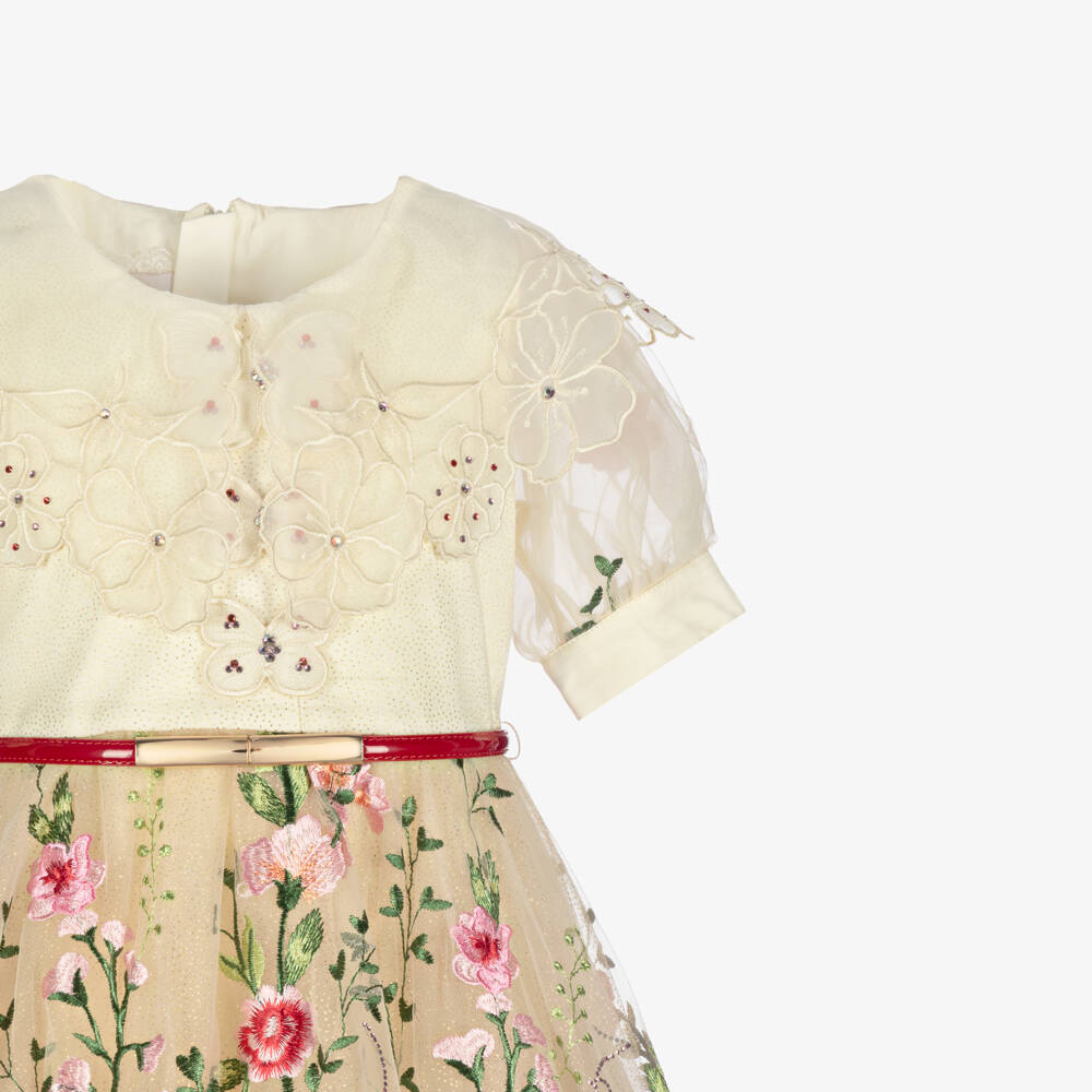 Junona-فستان أورغانزا مطرز باللون العاجي والزهري للبنات | Childrensalon