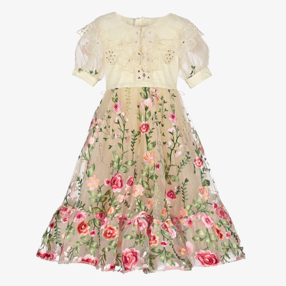 Junona-فستان أورغانزا مطرز باللون العاجي والزهري للبنات | Childrensalon