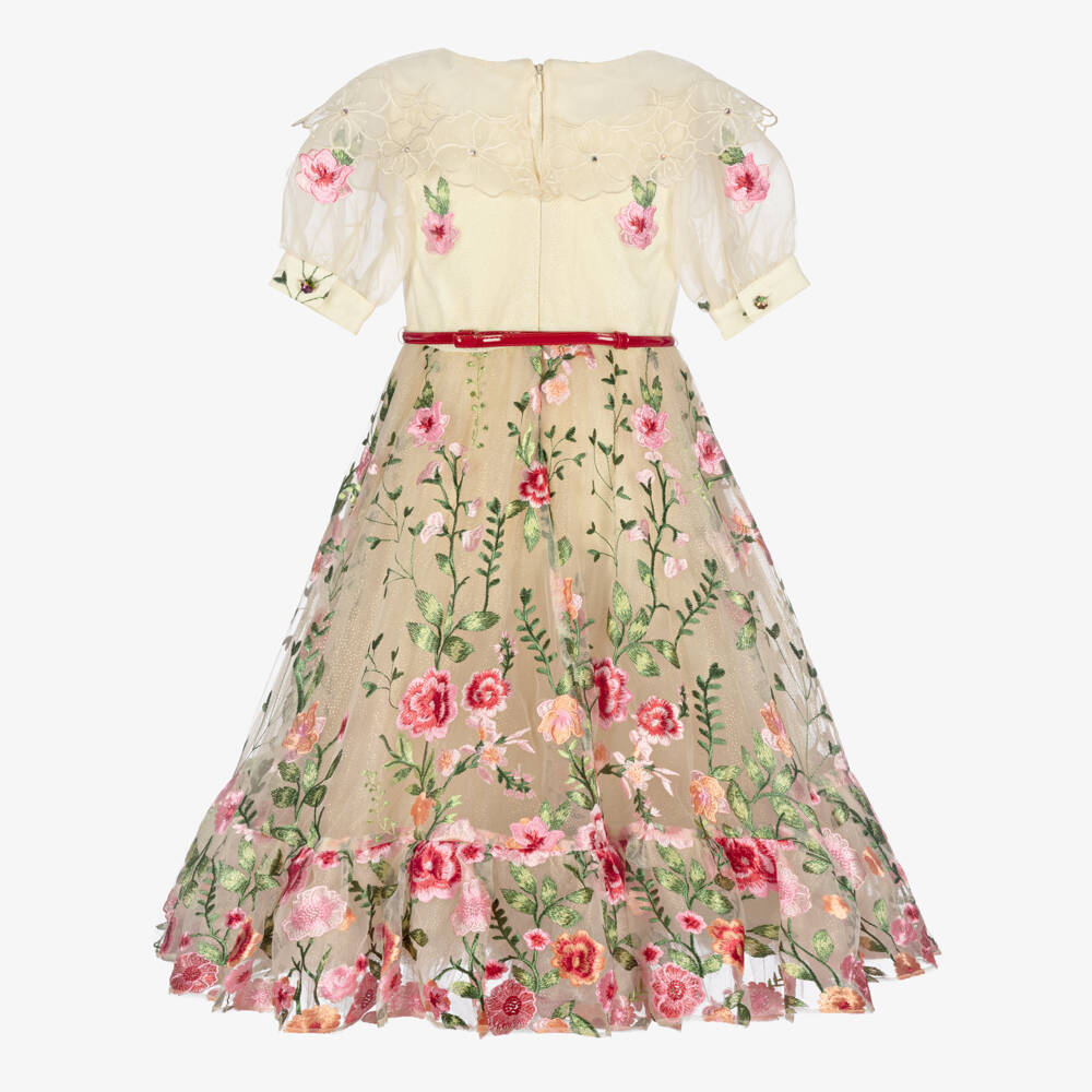 Junona-فستان أورغانزا مطرز باللون العاجي والزهري للبنات | Childrensalon