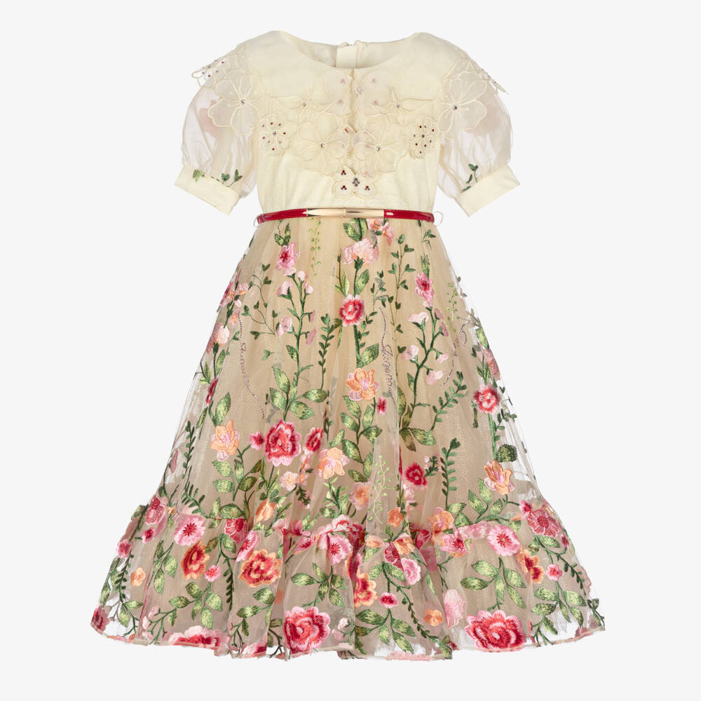 Junona-فستان أورغانزا مطرز باللون العاجي والزهري للبنات  | Childrensalon