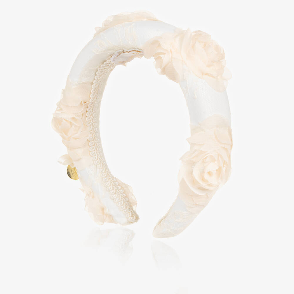 Junona-Girls Ivory Padded Hairband with Tulle Flowers | Childrensalon