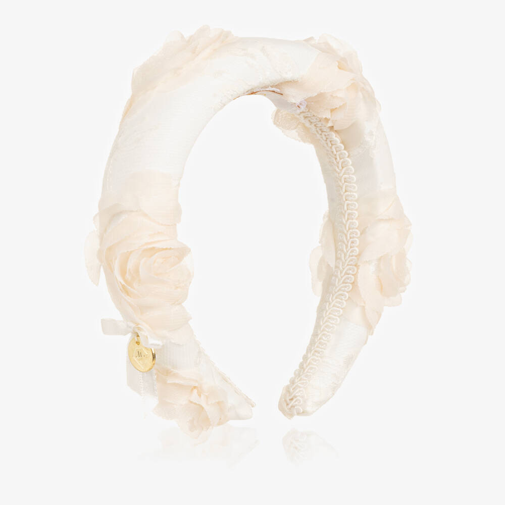 Junona-Girls Ivory Padded Hairband with Tulle Flowers | Childrensalon