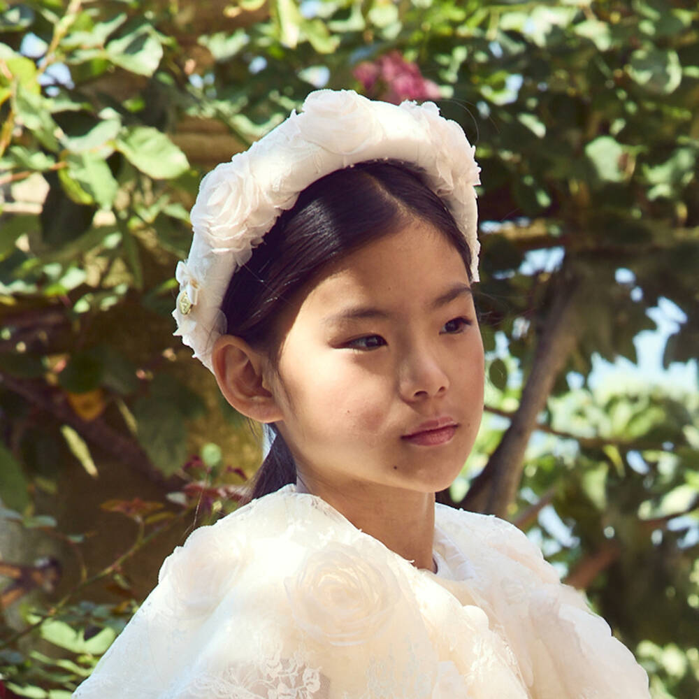 Junona-Girls Ivory Padded Hairband with Tulle Flowers | Childrensalon