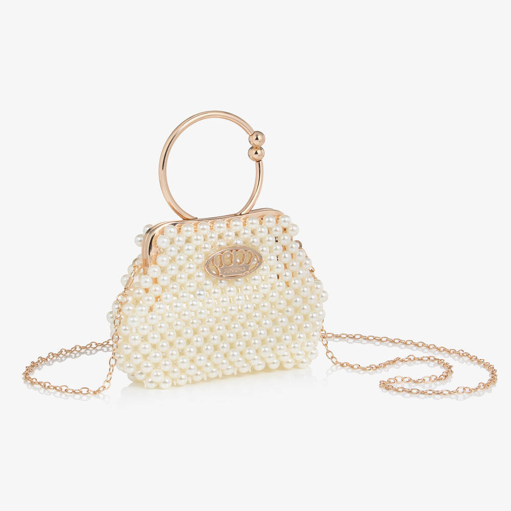 Junona-حقيبة مزينة بلؤلؤ صناعي لون عاجي للبنات (12 سم) | Childrensalon