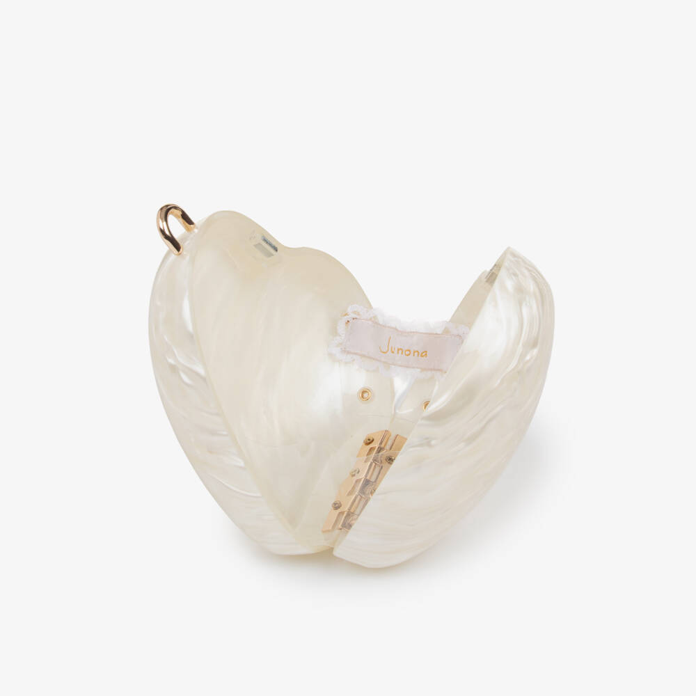Junona-Girls Ivory Pearlescent Heart Handbag with Flower (14cm) | Childrensalon