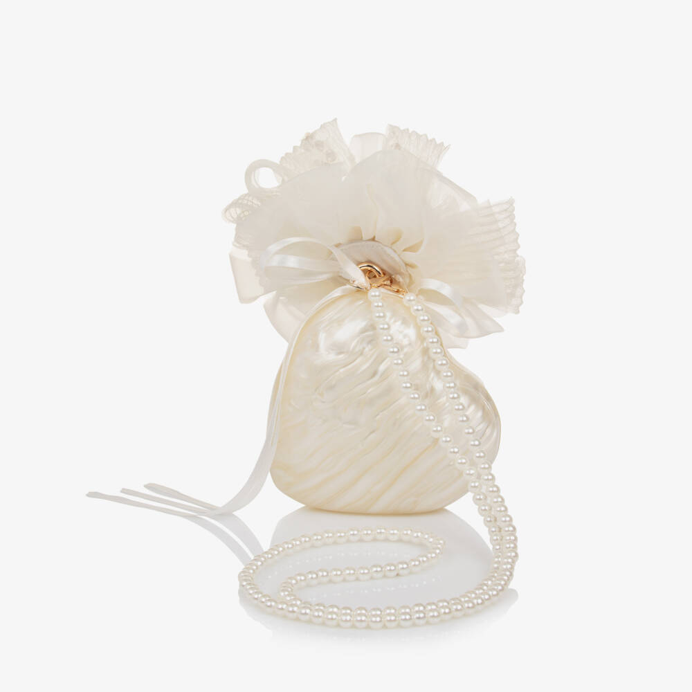 Junona-Girls Ivory Pearlescent Heart Handbag with Flower (14cm) | Childrensalon