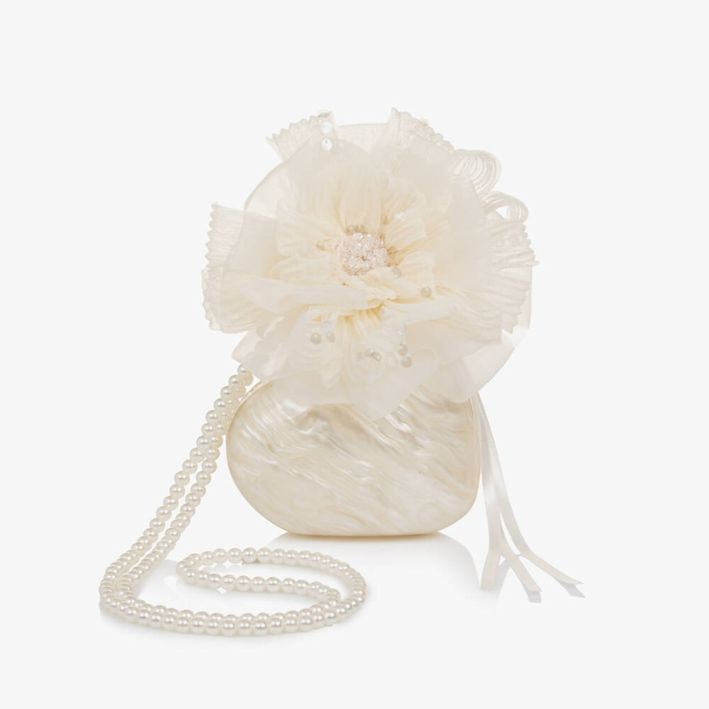 Junona-Girls Ivory Pearlescent Heart Handbag with Flower (14cm) | Childrensalon