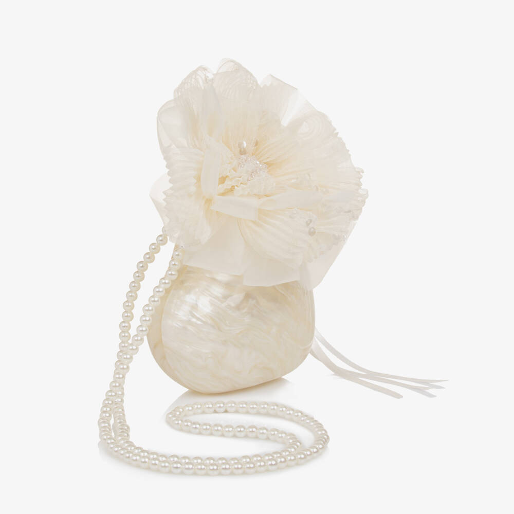 Junona-Girls Ivory Pearlescent Heart Handbag with Flower (14cm) | Childrensalon