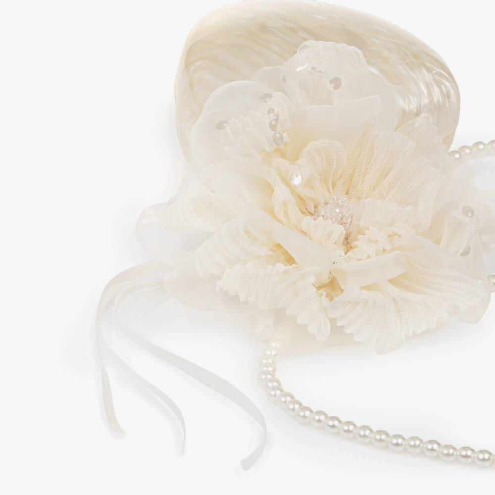 Junona-Girls Ivory Pearlescent Heart Handbag with Flower (14cm) | Childrensalon