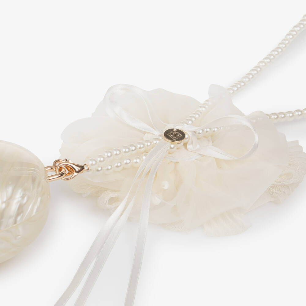 Junona-Girls Ivory Pearlescent Heart Handbag with Flower (14cm) | Childrensalon