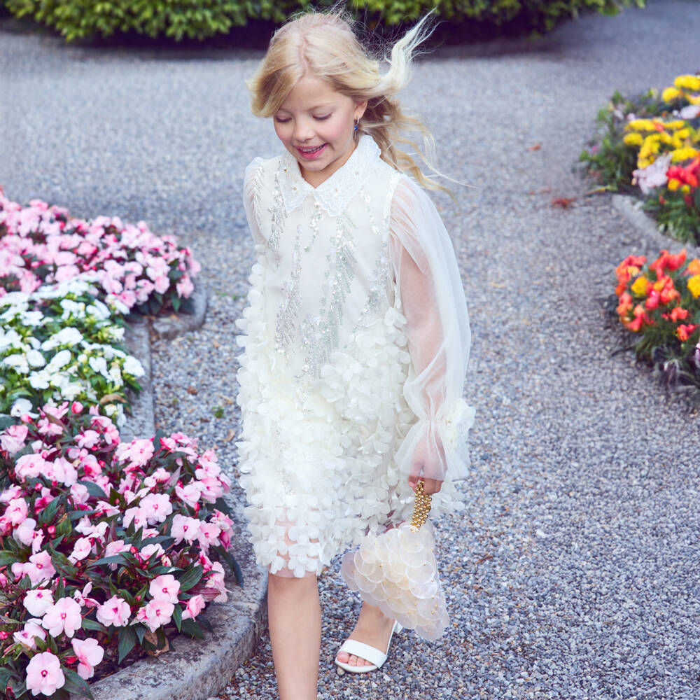 Junona-Girls Ivory Pearlescent Shell Handbag (21cm) | Childrensalon