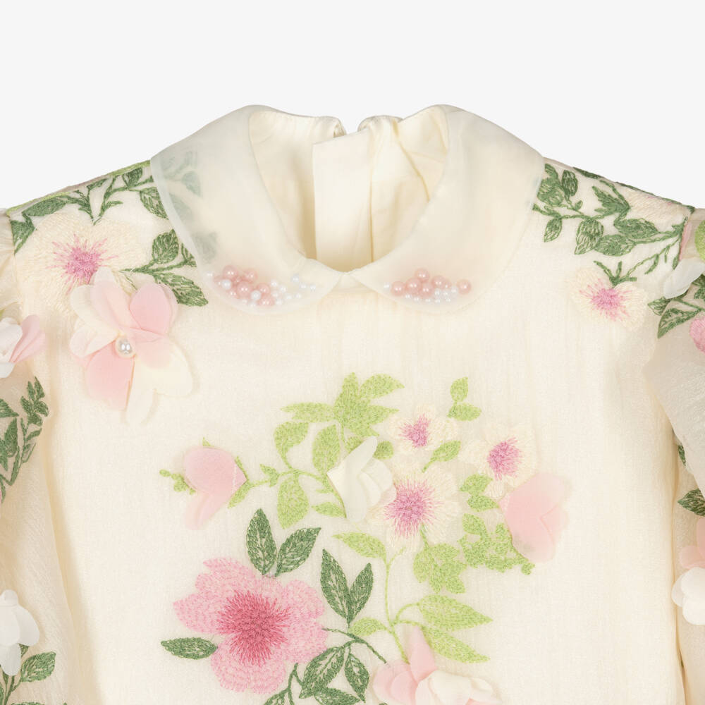 Junona-Платье кремово-розовое из креп-шифона с цветами для девочек | Childrensalon