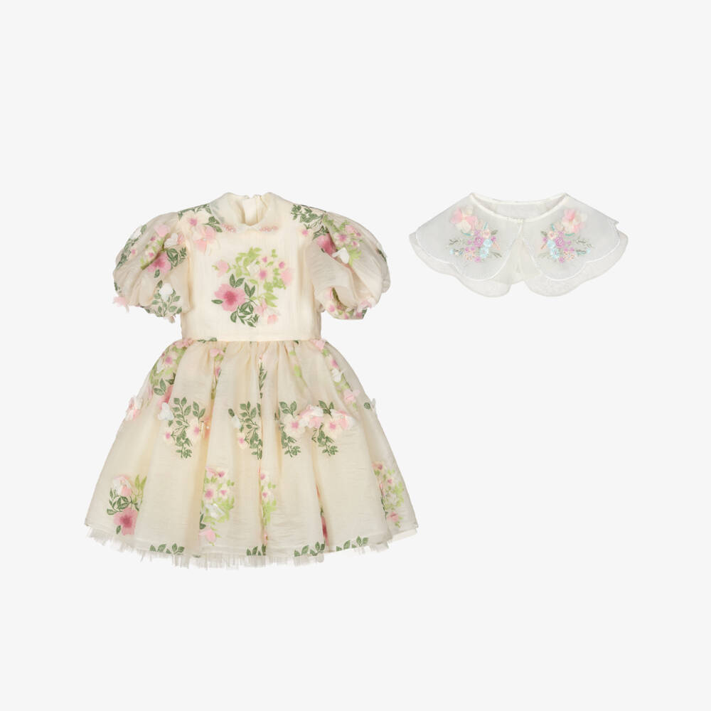 Junona-Платье кремово-розовое из креп-шифона с цветами для девочек | Childrensalon