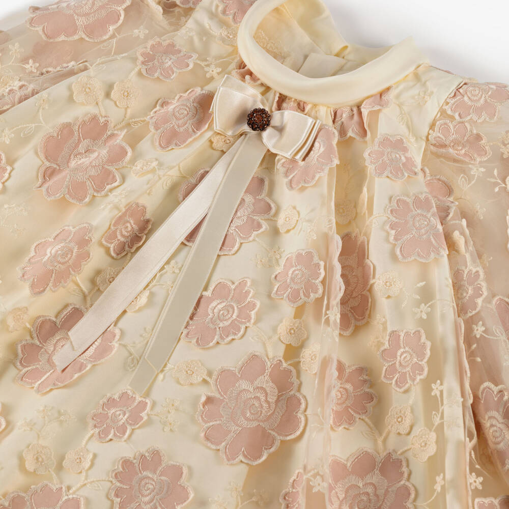 Junona-Girls Ivory & Pink Floral Tulle & Satin Dress | Childrensalon