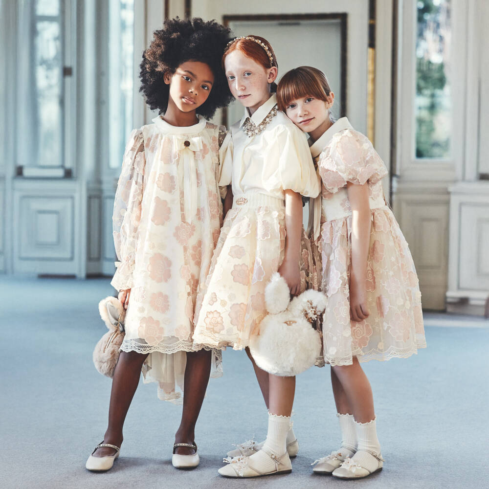 Junona-Girls Ivory & Pink Floral Tulle & Satin Dress | Childrensalon