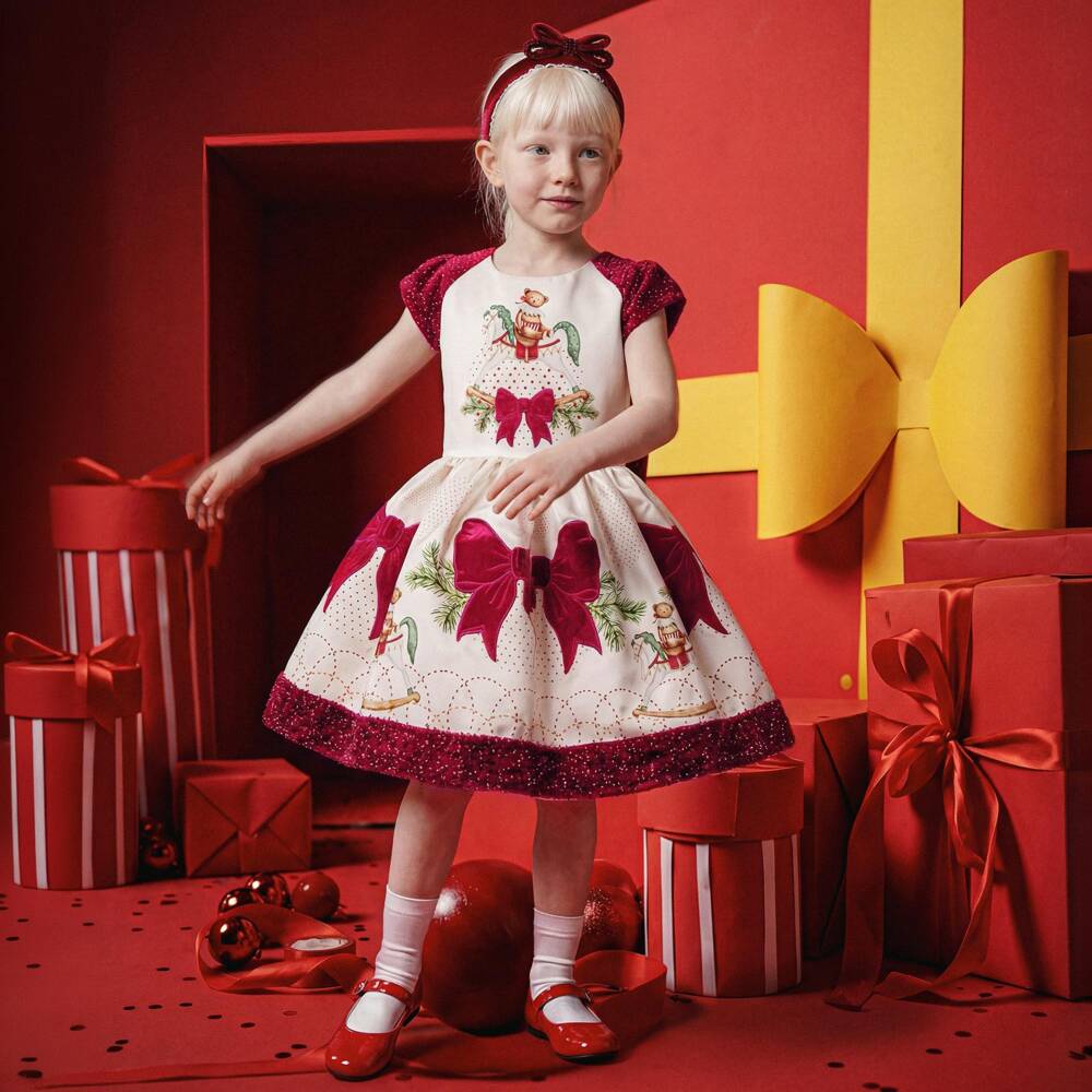 Junona-Girls Ivory & Red Satin Festive Rocking Horse Dress | Childrensalon