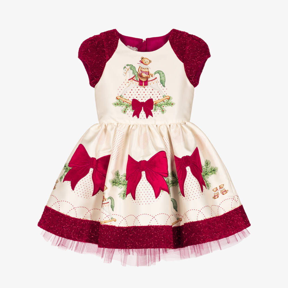 Junona-Girls Ivory & Red Satin Festive Rocking Horse Dress | Childrensalon