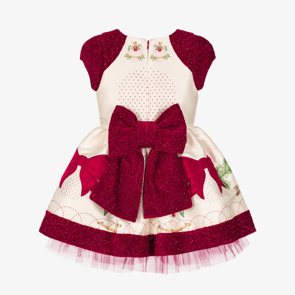 Junona-Girls Ivory & Red Satin Festive Rocking Horse Dress | Childrensalon