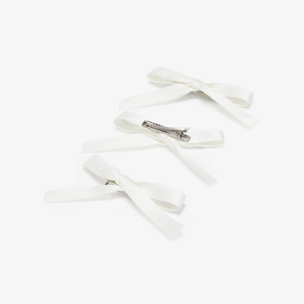 Junona-Girls Ivory Satin Bow Hair Clips (3 Pack) | Childrensalon