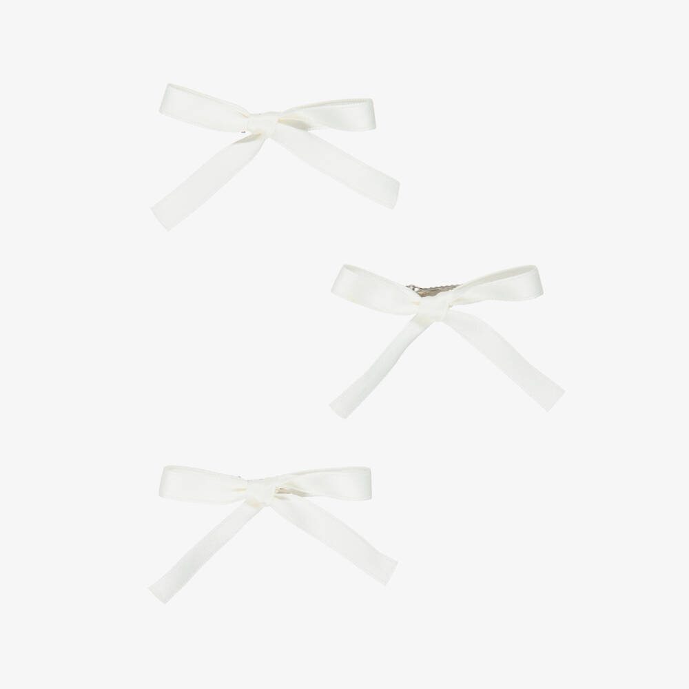 Junona-Girls Ivory Satin Bow Hair Clips (3 Pack) | Childrensalon