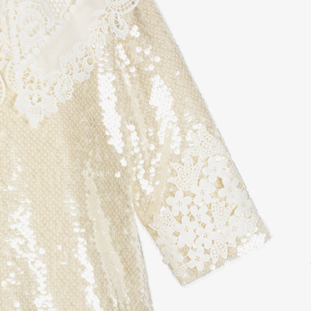 Junona-Girls Ivory Sequin Dress with Cutwork Embroidery | Childrensalon