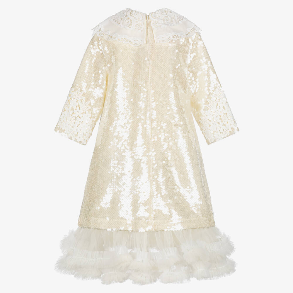 Junona-Girls Ivory Sequin Dress with Cutwork Embroidery | Childrensalon