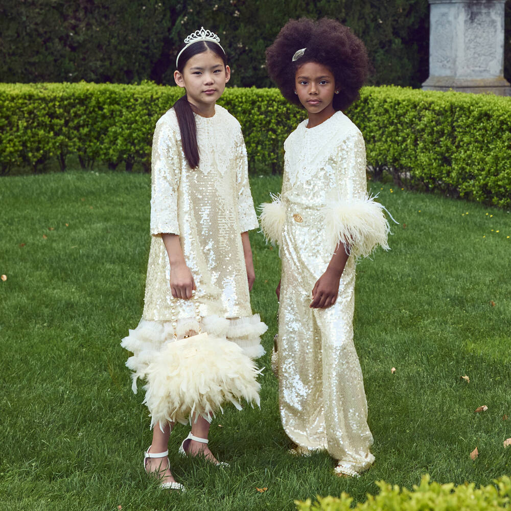 Junona-Girls Ivory Sequin Dress with Cutwork Embroidery | Childrensalon