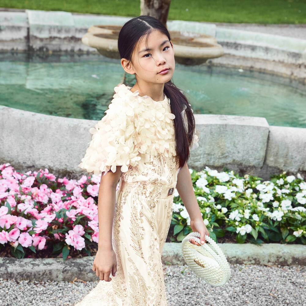 Junona-Комбинезон кремовый с пайетками и цветами для девочек | Childrensalon