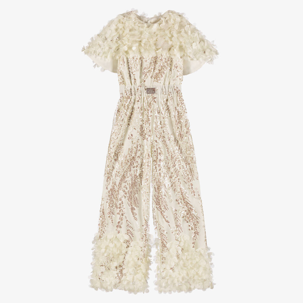 Junona-Girls Ivory Sequin & Flower Jumpsuit | Childrensalon