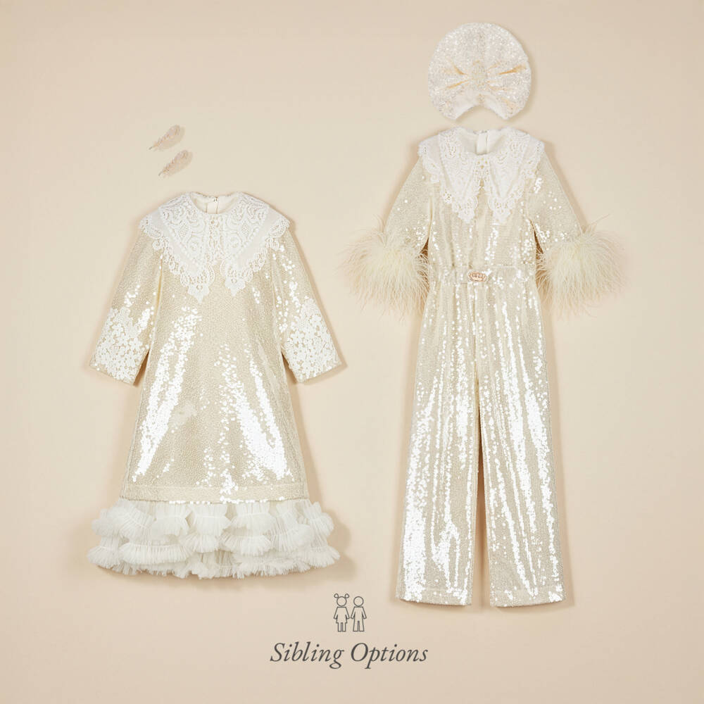 Junona-Girls Ivory Sequin Jumpsuit with Feathers & Cutwork Embroidery | Childrensalon