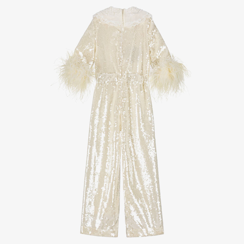 Junona-Girls Ivory Sequin Jumpsuit with Feathers & Cutwork Embroidery | Childrensalon