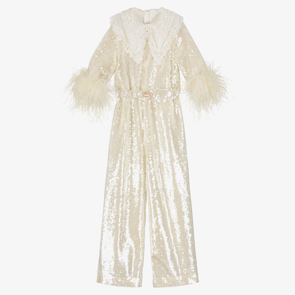 Junona-جمبسوت مزين بالترتر والريش لون عاجي للبنات | Childrensalon