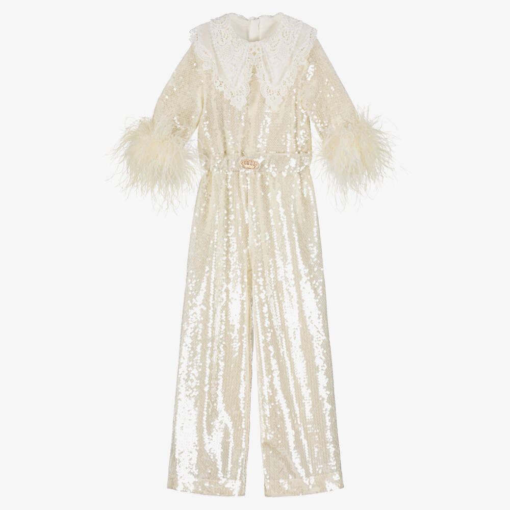Junona-Girls Ivory Sequin Jumpsuit with Feathers & Cutwork Embroidery | Childrensalon