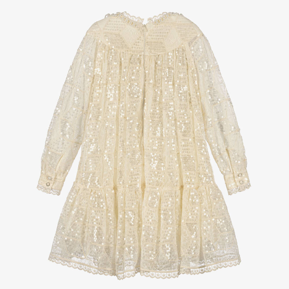 Junona-Girls Ivory Sequinned Lace Dress with Pearl Beading | Childrensalon