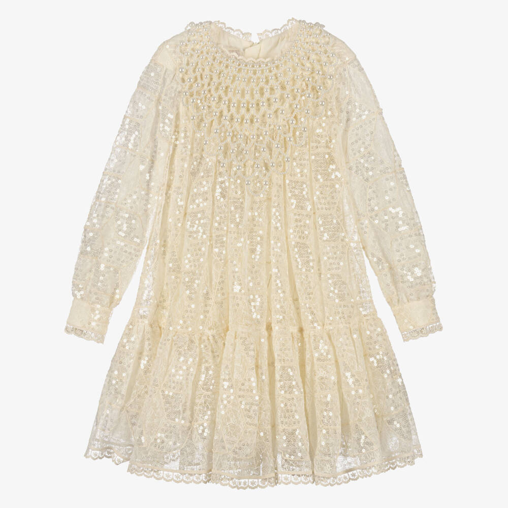 Junona-Girls Ivory Sequinned Lace Dress with Pearl Beading | Childrensalon