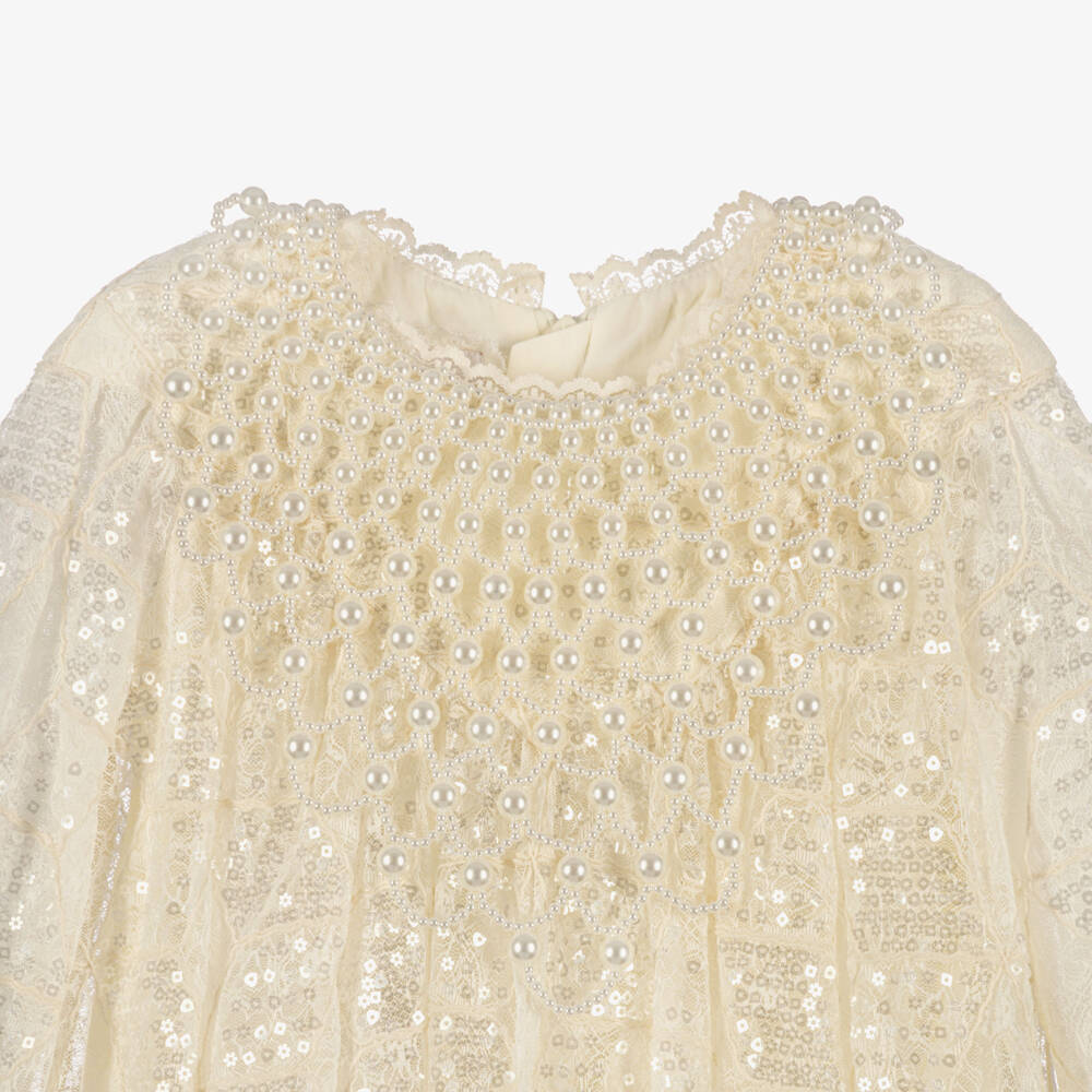 Junona-Girls Ivory Sequinned Lace Dress with Pearl Beading | Childrensalon