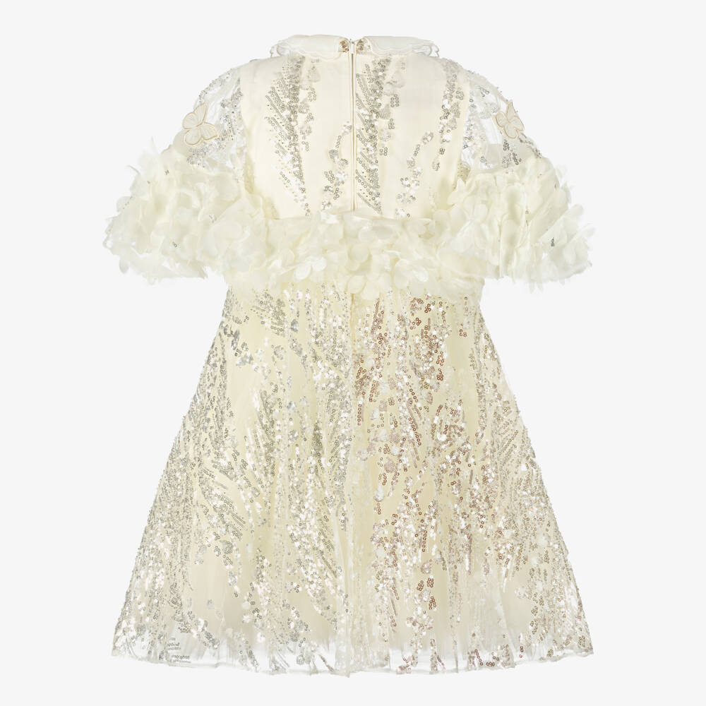 Junona-Girls Ivory Sequinned Tulle Dress with Floral Appliqués | Childrensalon